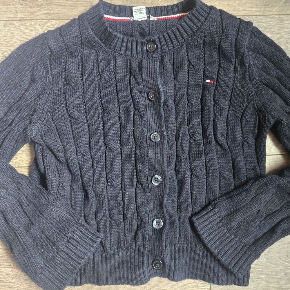 Tommy Hilfiger Girls Cable Knit Cardigan Navy Cotton Preppy Sweater XS 4-5